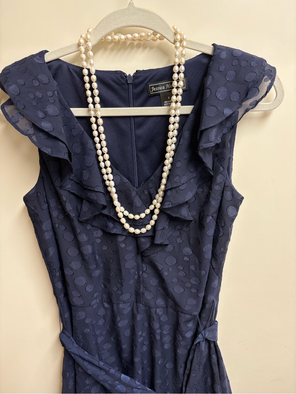 🇺🇸 Elegant Jessica Howard Navy Ruffle Tie-Waist Midi Dress - Picture 4 of 16